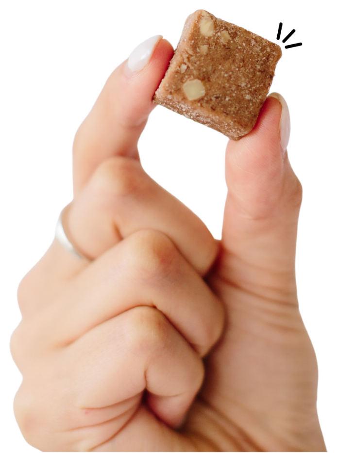 A hand holding a Seen calcium chew